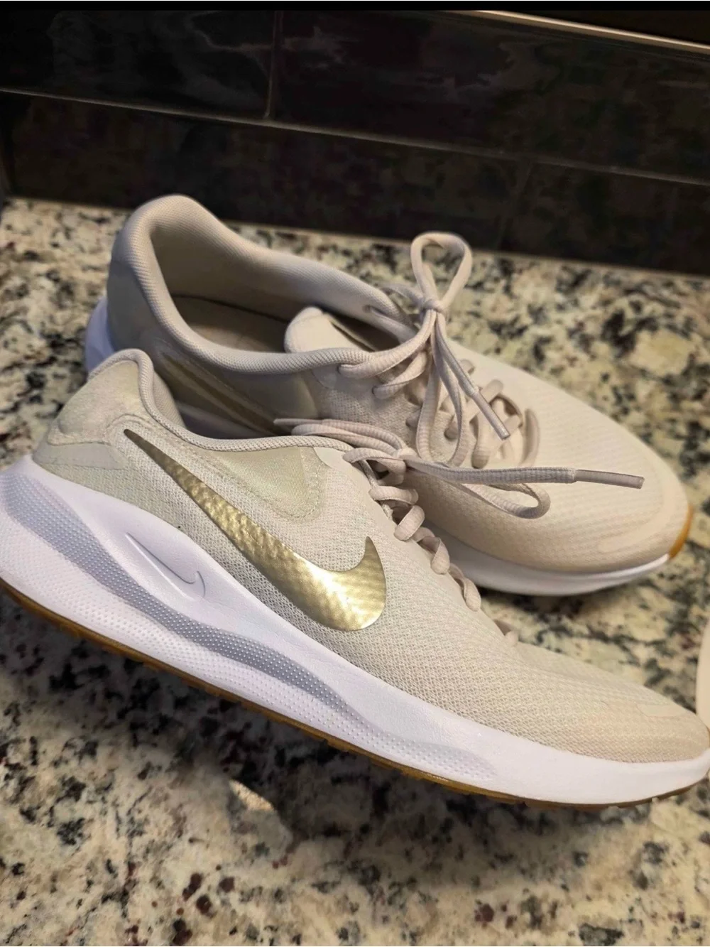 Nike Women's Athletic Shoes Beige with Gold Swoosh
